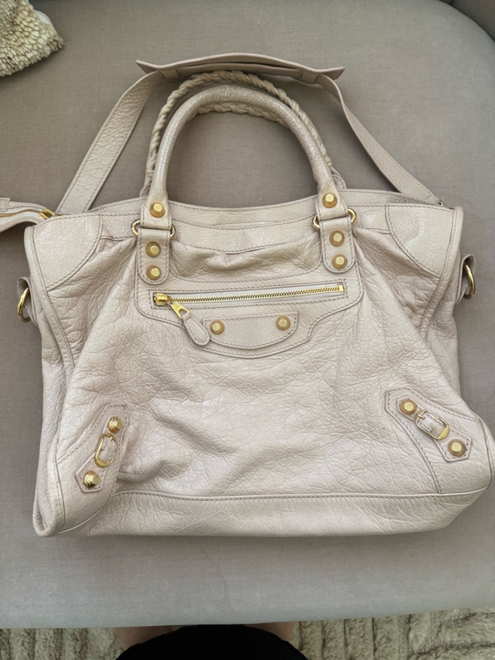 Balenciaga Cream/Beige Leather Shoulder Bag with Gold Hardware